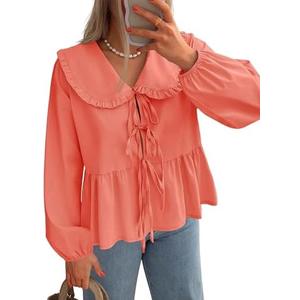 ZESICA Women's Tie Front Peplum Tops Long Puff Sleeve Lapel Collar Cute Babydoll Blouses Shirts L