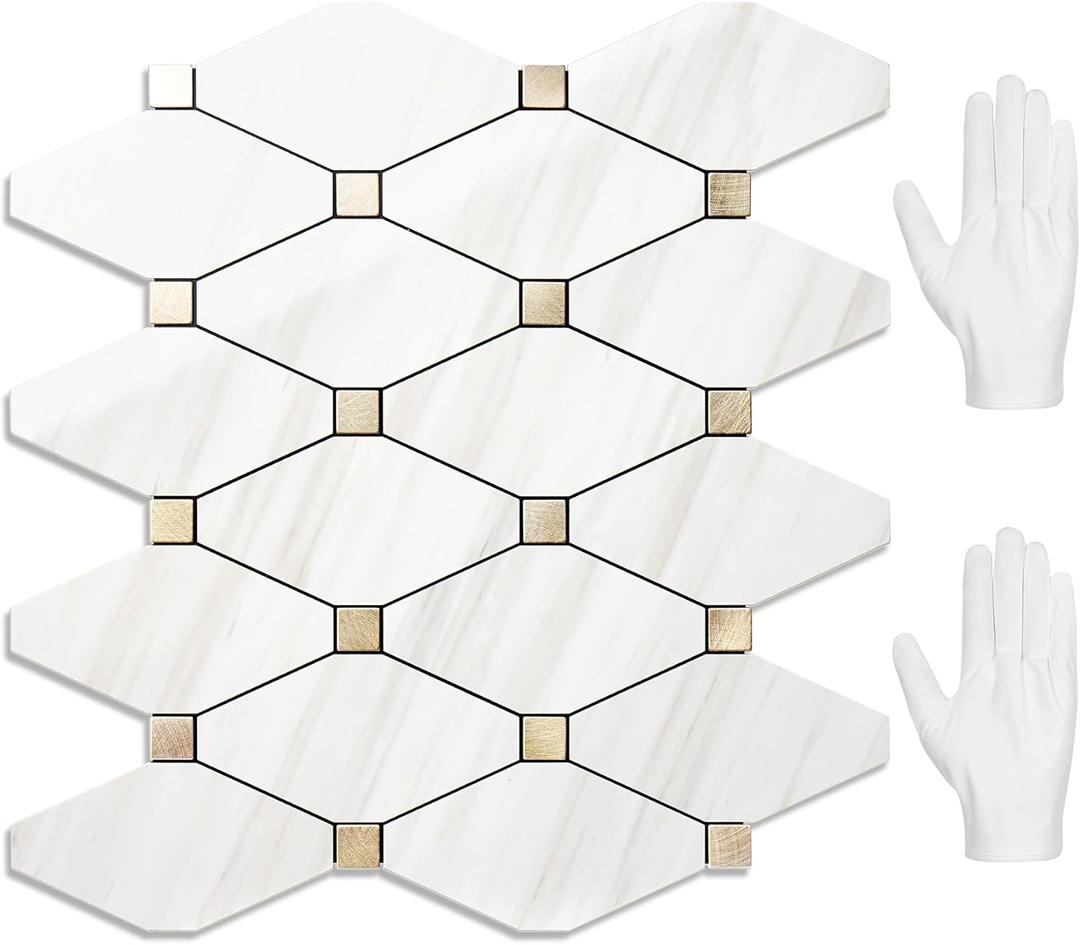 STICKGOO 10 Sheets Peel and Stick Backsplash, Polished Dolomite PVC Mixed Metal Gold Kitchen Backsplash, Stick on Backsplash Wall Tiles for Kitchen, Bathroom, RV