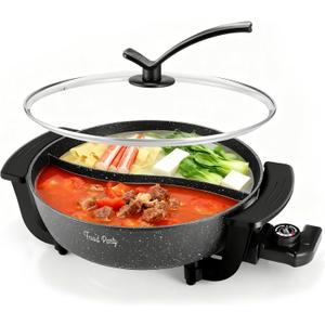 Food Party Electric Hot Pot with Divider Hotpot Pot Electric Hopot Cooker Shabu Shabu Pot 110V 1200W Non-Stick 6-Quart BPA FREE Fondue Chinese Hot Pot