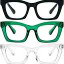 Hubeye Square Reading Glasses for Women Men Blue Light Blocking Computer Fashion Style Readers with Spring Hinge (Black+Transparent+Green), +3.0