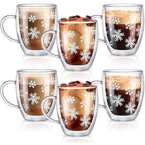 Sliner 6 Pack Christmas Snowflake Double Wall Glass Coffee Mugs with Handle 12 oz Clear Insulated Glasses Cups Winter Holiday Mugs for Cappuccino Latte Espresso Tea Bag Beverage Hot Chocolate