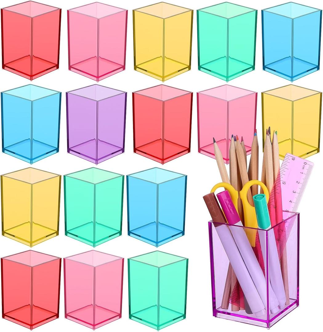 18 Pack Colorful Clear Acrylic Pen Holder Acrylic Square Pencil Organizer Rainbow Colors Pencil Holder Makeup Brush Holder Desk Pencil Cup Stationery Organizer for Desk Dorm Home Office Supply
