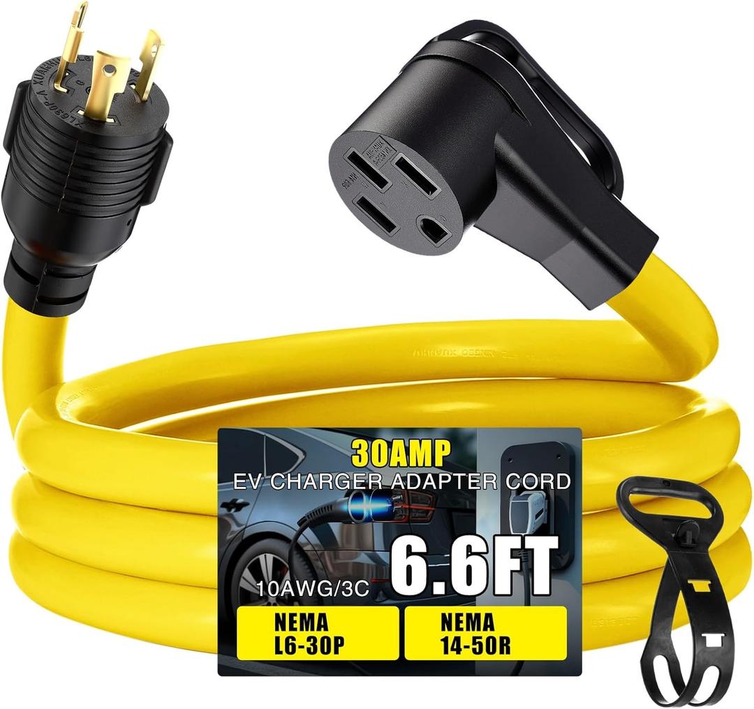Tellegloww 6.6FT NEMA L6-30P to 14-50R EV Adapter Cord 3 Prong 30 Amp L6-30 Locking Male Plug to 4 Prong 50 Amp 14-50 Female Receptacle Charger Adapter Cord with Handle, STW 10 AWG/3C ETL Listed