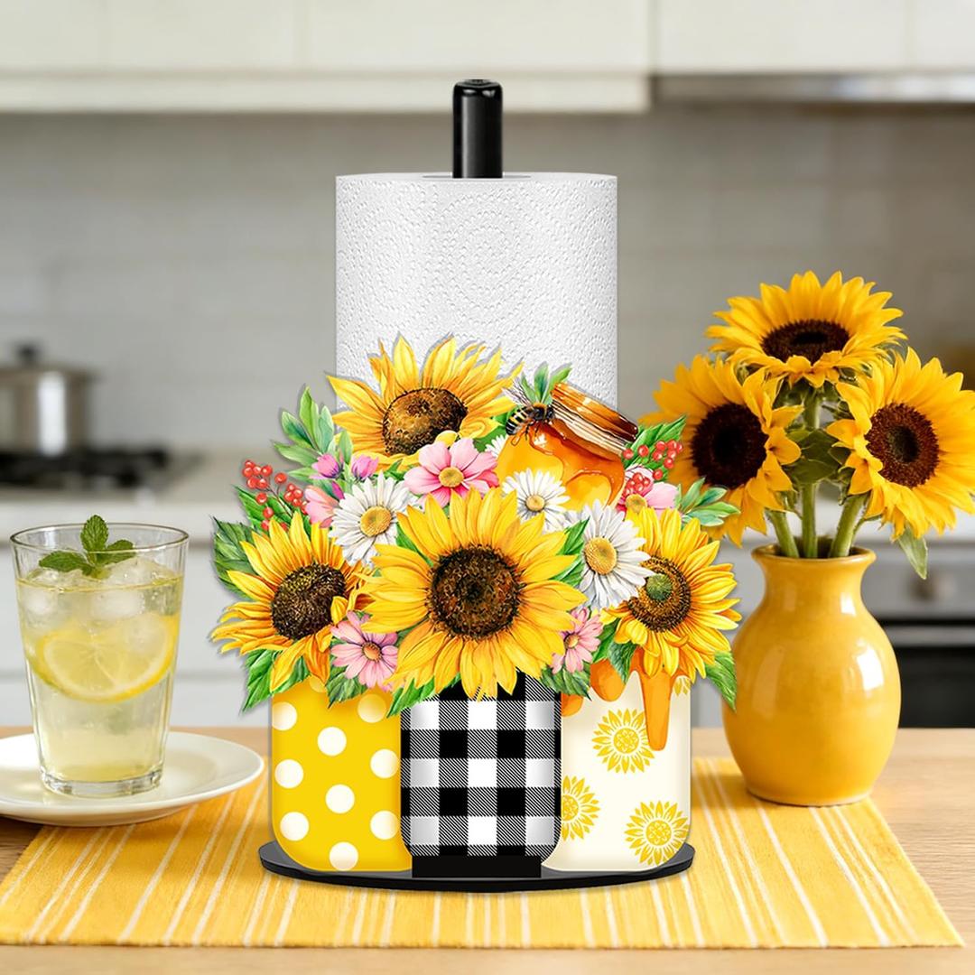 Sunflower Day Paper Towel Holder, Honey Bottle Vase Summer White Daisy Paper Holder, Buffalo Plaid Bottles Vase Decor, Spring Holiday Decoration for Kitchen Countertop Bathroom Home Farmhouse