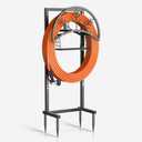 Heavy Duty Garden Hose Holder with Storage Basket, Holds Up to 160FT Hose, Freestanding Metal Water Hose Organizer with 4 Anchor Spikes, for Outdoor Yard Lawn Patio