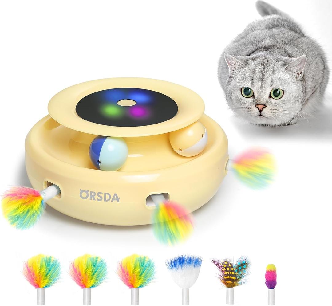 ORSDA Cat Toys 2-in-1 Interactive Cat Toys for Indoor Cats, Automatic Cat Toy Balls, Ambush Feather Kitten Toys with 6pcs Feathers, Dual Power Supplies, Adjustable Speed, Auto On/Off (Butter Yellow)