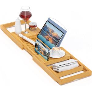 Sen Yi Bao Luxury Bamboo Bathtub Tray - Wooden Expandable Caddy with Book, Tablet, Wine Holder - Gift Idea