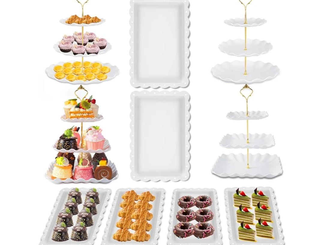 10 Pack Dessert Table Display Set, 4 Sets 3 Tier Cupcake Stand, 6 Pcs Food Serving Trays, Tiered White Plastic Cup Cake Tower for Birthday Baby Shower Wedding and Tea Party Supplies (10, Large)