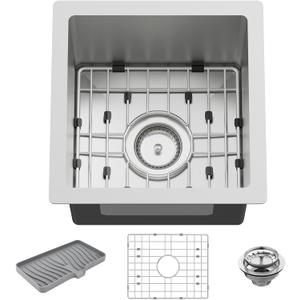 13x13In Stainless Steel Kitchen And Bar Sink - Small Undermount Single Bowl Drop In Staylish Kitchen&Bar Sink Ideal Choice For Small Space, Prep Area, RV With Bottom Grid,Soap Mat And Drain Assembly