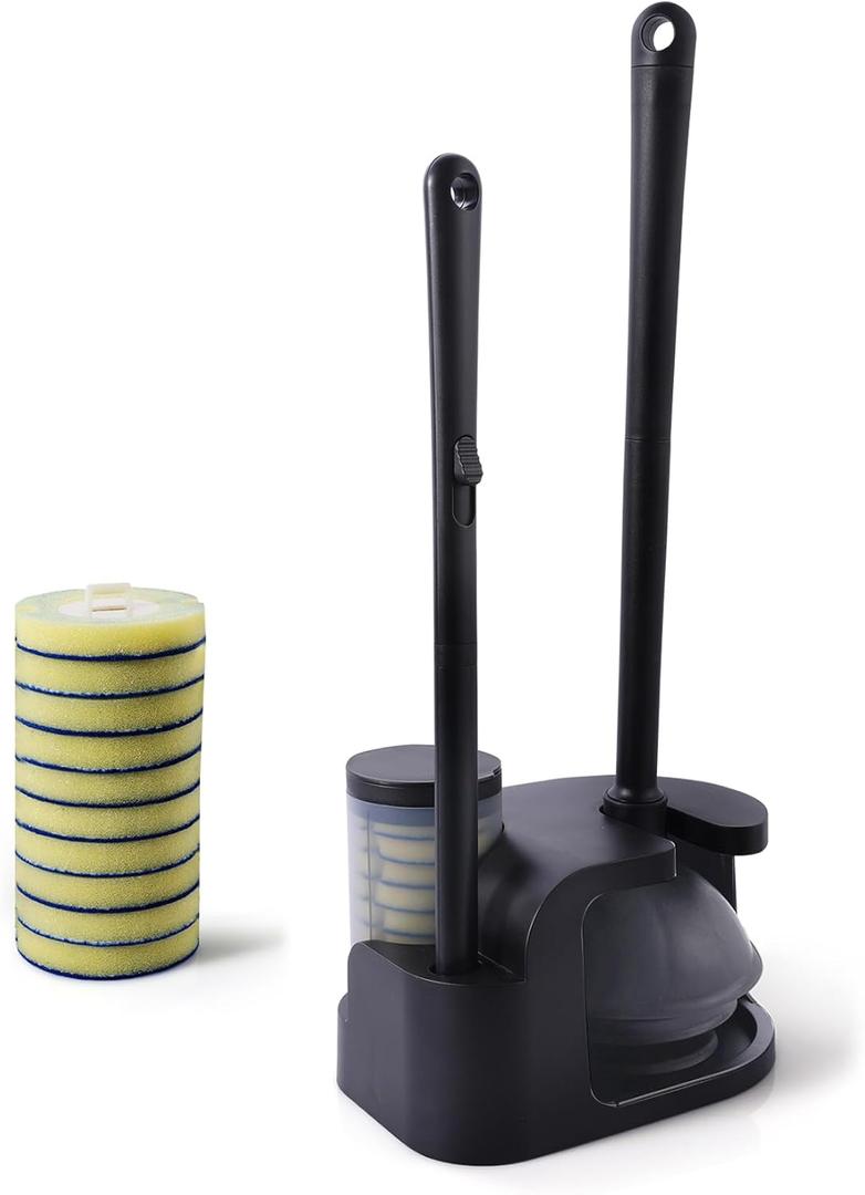 Eyliden Disposable Toilet Brush and Plunger Combo, Wand Set with 10pcs Refill Heads and Storage Caddy, Compact Toilet Cleaning System (Black)