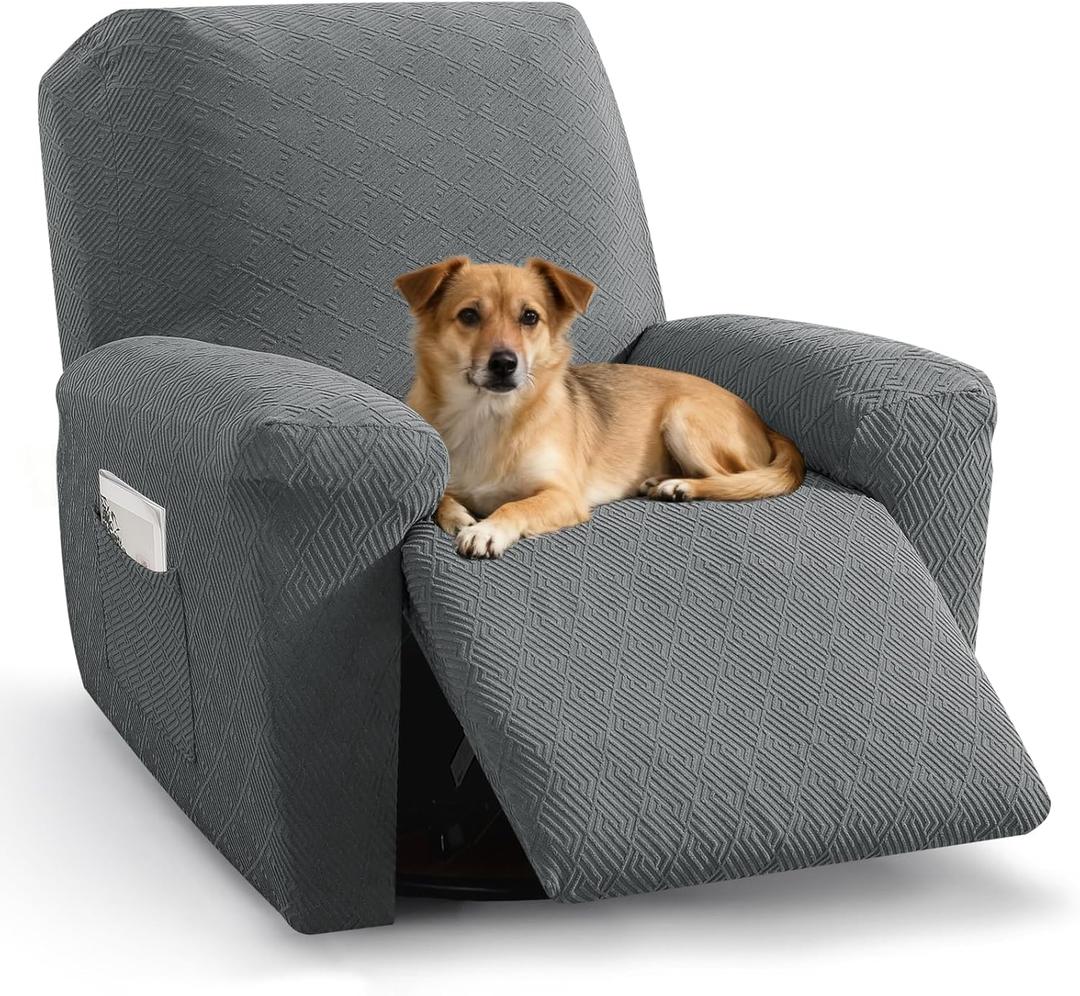 XINEAGE Stretch Recliner Chair Covers 4 Piece Recliner Covers with Storage Pockets Soft and Washable Recliner Slipcover Furniture Protector with Elastic Bottom Fit Pets & Kids (Large, Light Gray)