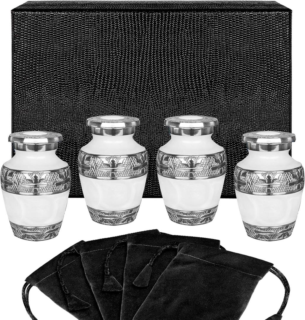 Trupoint Memorials Small Urns for Human Ashes Keepsake, Decorative Mini Cremation Urn for Adult Men & Women, Set of 4, White with Silver Lining