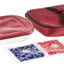 Anchor Hocking Glass Baking Dishes for Oven with Casserole Carrier, 4 Piece Set (3 Quart Glass Baking Dish, Red Lid, Red Thermal Carrier, and Hot/Cold Pack)