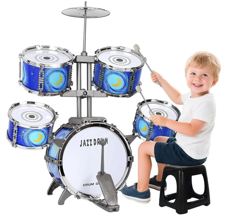 Upgraded Kids Drum Set for Toddlers 3-5 – Plastic Jazz Drum with Stool Musical Toy Birthday Xmas Gift for 3 4 5 6 Boys & Girls
