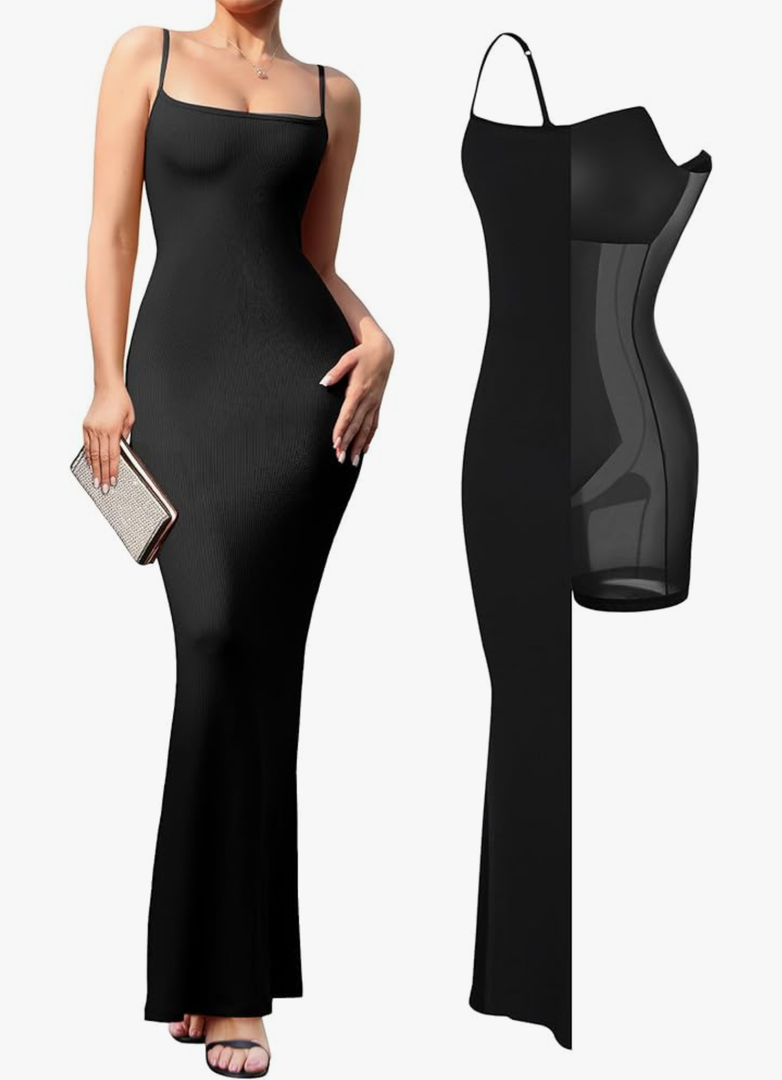 Popilush Summer Maxi Dress for Women - Cocktail Shapewear Dresses Built-in Bra Adjustable Straps, L