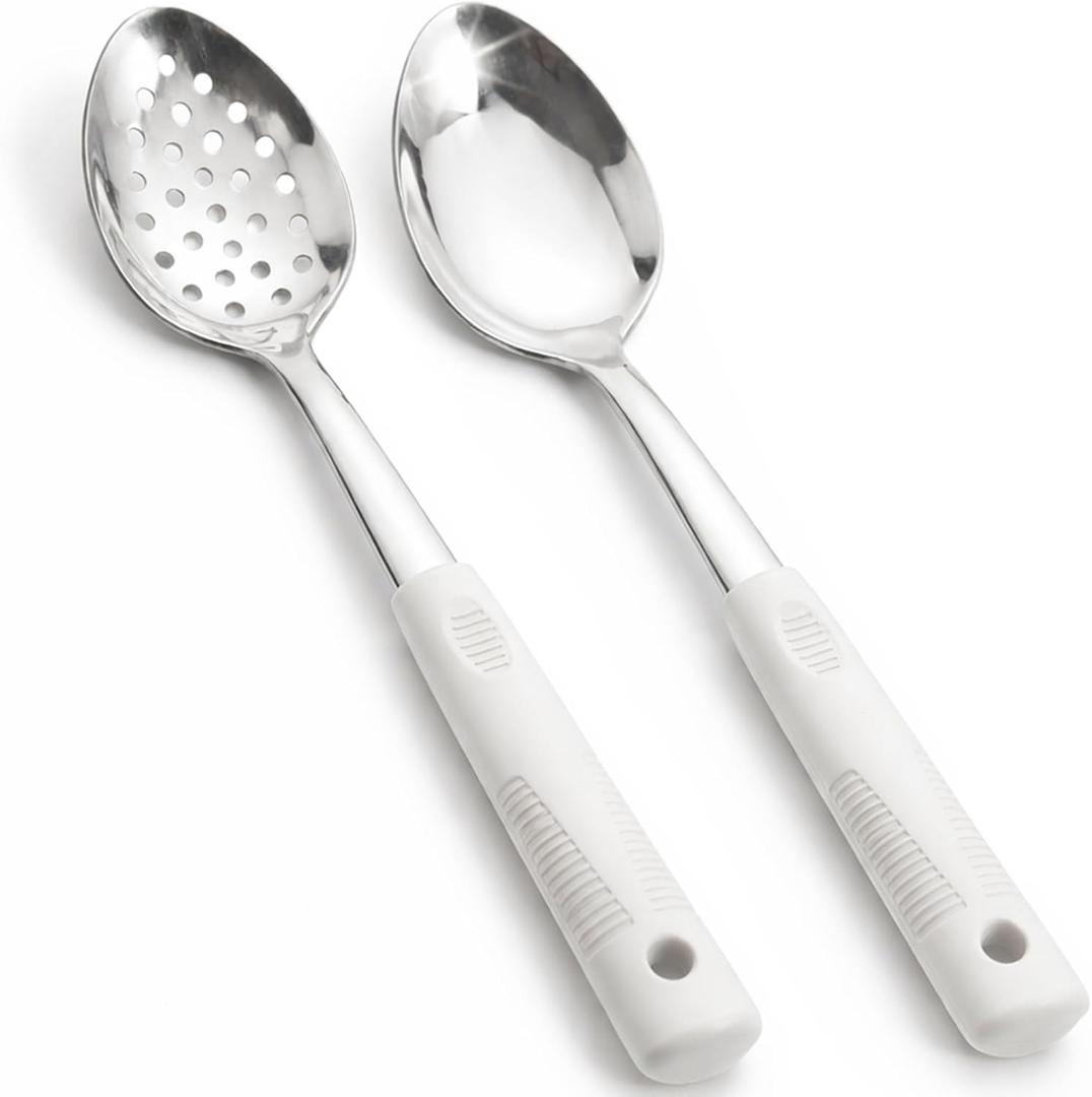 Stainless Steel Serving Spoon Set with Non-Slip Silicone Handles, 2-Piece Serving Spoon and Perforated Spoon, Home Kitchen, Parties & Daily Use (Beige)