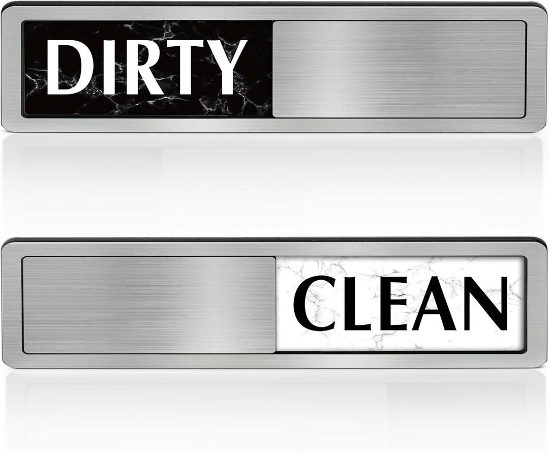Dishwasher Magnet Clean Dirty Sign, Non-Scratch Easy Slide Indicator, Premium Stainless Steel and Strong Magnet, Stylish Kitchen Decor with Adhesive Stickers, Silver Bold pattern 7 x 2