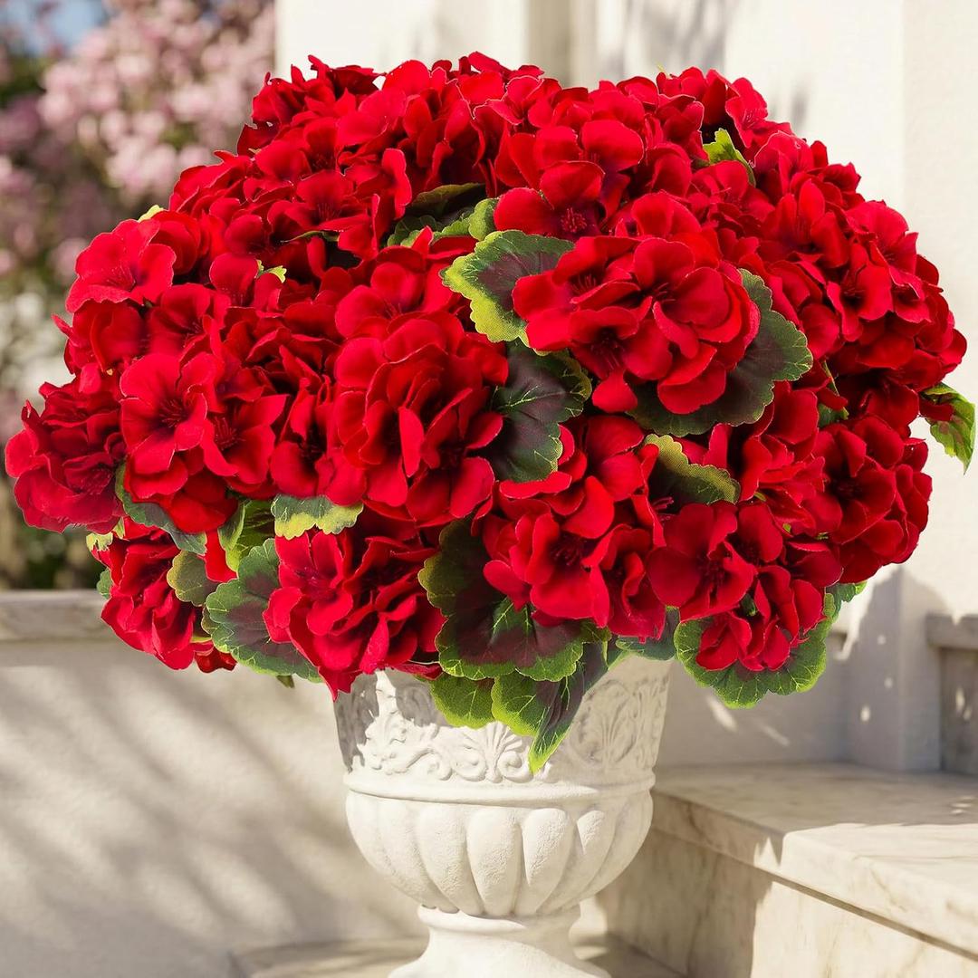 lovemoon 16 Pcs Artificial Geranium Plant Realistic Silk Flowers for Outside UV Resistant Faux Geraniums Flowers for Indoor Outdoor Home Garden Office Decoration (16, Red)