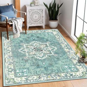 35 Boho Area Rugs,Machine Washable Neutral Vintage Carpet for Living Room,Office,Bedroom,Dining Room and Farmhouse with Non Slip Backing,Teal Green