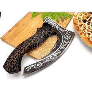 SHINY CRAFTS -Axes viking axe real weapon mens axes gifts for him- with Black Etching Authentic Medieval Pizza Cutter Axe, Norse Pizza Axe Gift, Carbon Steel Viking Axe with Sheath (SCA-027)