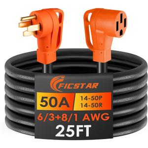 25FT 50 Amp RV Extension Cord Outdoor with Grip Handle,125/250V,12500W, 4 Prong, Heavy Duty 6/3+8/1 Gauge STW, NEMA 14-50P to 14-50R with Cord Organizer, UL&ETL Listed