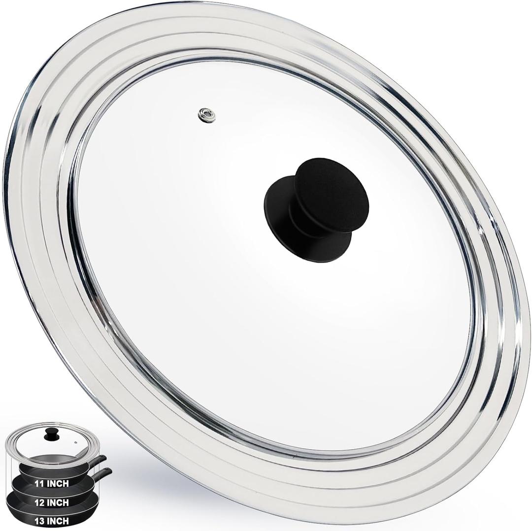 13 Inch Large Universal Pan Lid, Stainless Steel Pots Lid Fit 11, 12,13 Inch Pots and Pans, Heat Resistant Stainless Steel and Tempered Glass Lid, 13 In Frying Pans Lid