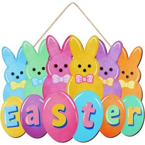 11.8inch Wooden Bunny Easter Door Wreath Wood Bunny Hanging Sign Decoration Spring Easter Eggs Wooden Wreath for Front Door Sign Home Farmhouse Party Indoor Outdoor Porch Wall Decor