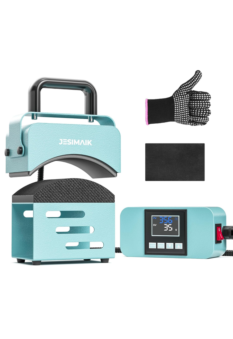 Hat Press, Mini Heat Press Machine for Caps, T-Shirt & More, Curved Heating Plate and Silicone Base, Fast Heating, No Crease, LCD Digital Temperature &Timer Control-Lake Blue