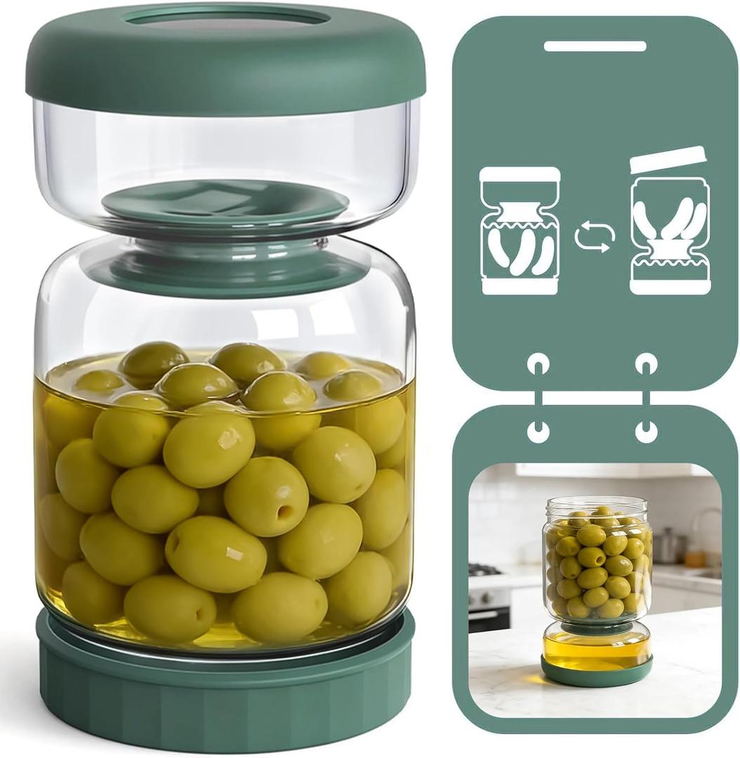 Luvan Glass Pickle Jar, 34oz Pickle Container with Strainer, LeakProof Kraut and Olive Hourglass Jug, Olive Jar with Airtight Lid, Multifunction Jalapeno Container, Gherkin Flip Jar for Fridge