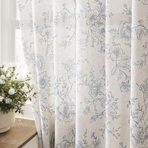 Blue Floral Curtains 84 inch Length Back Tab Farmhouser Living Room Light Filtering Curtains Blue Pattern Print on Cream White Linen Curtain Panel Minimalist Aesthetic Sketch Style Vintage Room Decor