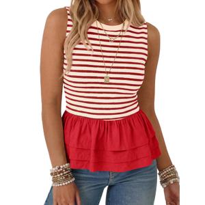 Tankaneo Womens Summer Striped Peplum Tank Tops Red (Red, XL)
