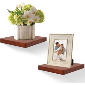 Floating Shelves for Wall Set of 2, 8-Inch Solid Wood Square Shelves, Small Decorative Wall Display Shelf for Bathroom, Bedroom, Living Room & Kitchen  Dark Walnut