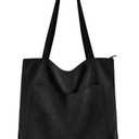 Prite Corduroy Tote Bag for Women Large Shoulder Bag with Zipper and Pockets for College Work Travel Shopping(Black)