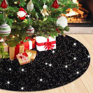 Black Christmas Tree Skirt Small 21 Inches Glitter Velvet Tree Skirt Xmas Tree Skirt for Pencil Tree Decorated Sequin Tree Skirts Mat Round Tree Base Cover for Thanksgiving Christmas Decor Black