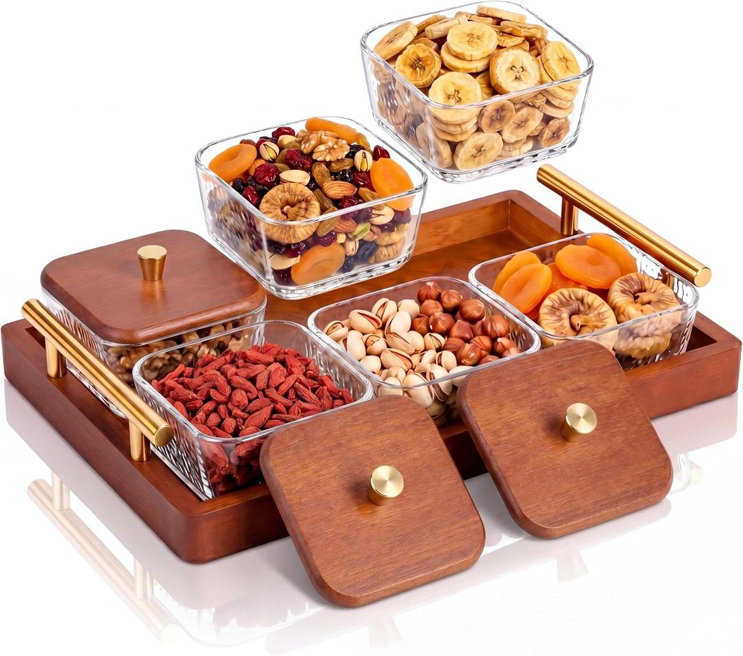 Domensi 6 Glass Snackle Box with Wood Tray and Lids Dry Fruit Container Jars Divided Serving Snack Tray with Gold Handles, Snackle Box Container Platter for Candy, Condiments Home Entertaining