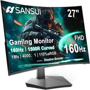 SANSUI 27 Inch Curved 160Hz Gaming Monitor, 1500R Curved Computer Gaming Monitor FHD 1080P, 4000:1, 110% sRGB, FPS/RTS, 1Ms MPRT|FreeSync|HDR|Low Blue Light|HDMI DP| VESA Support, HDMI Cable Incl.