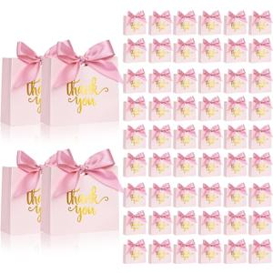 DECHISY 60Pack Small Thank You Gift Bags, 4.5x1.8x3.9 Inches Pink Mini Gift Bags Bulk with Ribbon Wedding Candy Favor Boxes Birthday Party Favor Bags for Baby Shower Anniversary