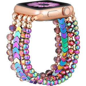 fastgo Bracelet Band Beaded Compatible with Apple Watch 45mm/44mm/42mm/49mm Women Series 7, Fashion Elastic Stretch Strap Bands for Iwatch SE & Series 9 Ultra 8 7 6 5 4 3 2 1(Rainbow, S/M)