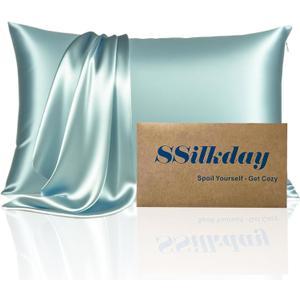 2 x Mulberry Silk Pillow Cases with Zipper, Ultra Smooth Soft Breathable Cooling Pillow Cases for Hot Sleepers, Silk Satin Pillowcase for Hair and Skin, Gifts for Women (Haze Blue, Queen Size, 1 Pack)