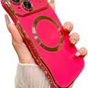 Vinlayss for iPhone 15 Case for Women Girls, Compatible with MagSafe, Cute Wave Frame Curly Shape with Love Heart Raised Camera Protection Cover Luxury Plating Shockproof Phone Case - Hot Pink and black, Set Of 3
