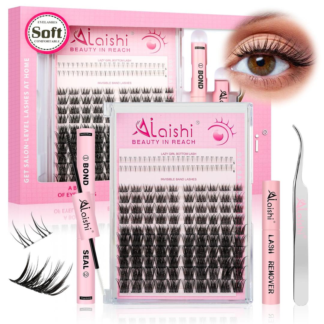 Lash Clusters Kit, DIY Cluster Eyelash Extensions 516mm,124pcs Fluffy D Curl Natural Lashes with Bond and Seal,Remover, TweezersNatural Fake Cat Eye Individual Manga Clusters 1-3-L