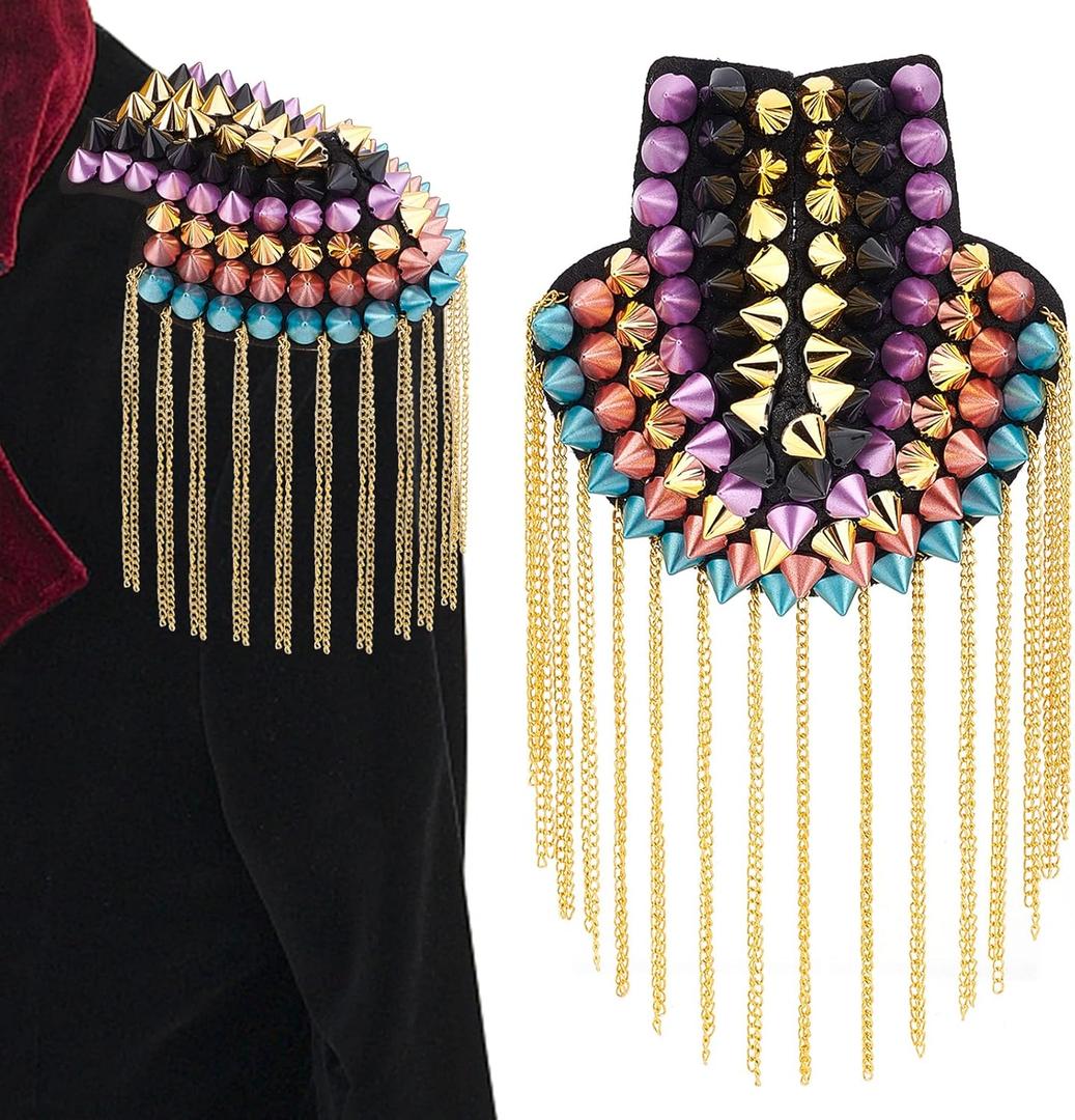 PH PandaHall 1 Pair Rivet Tassel Epaulets, Punk Shoulder Epaulettes with Metal Tassel Chains Colorful Rivet Shoulder Boards Badge for Men Women Costume Uniform Accessories