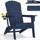 Nevilywood Folding Adirondack Chair - Extended Ergonomic Backrest, Cup Holder - Easy Assembly - Durable HDPE Plastic, Weather Resistant & Maintenance-Free - Lawn, Patio, Deck Supports 380lbs NavyBlue (1PC), 31"D x 29"W x 39"H