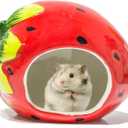 Besimple Hamster Hideout, Small Animal Hideout Ceramic Pet House, Adorable Shape Hamster House Cave Mini Hut Cage Critter Bath House for Chinchilla(Strawberry)