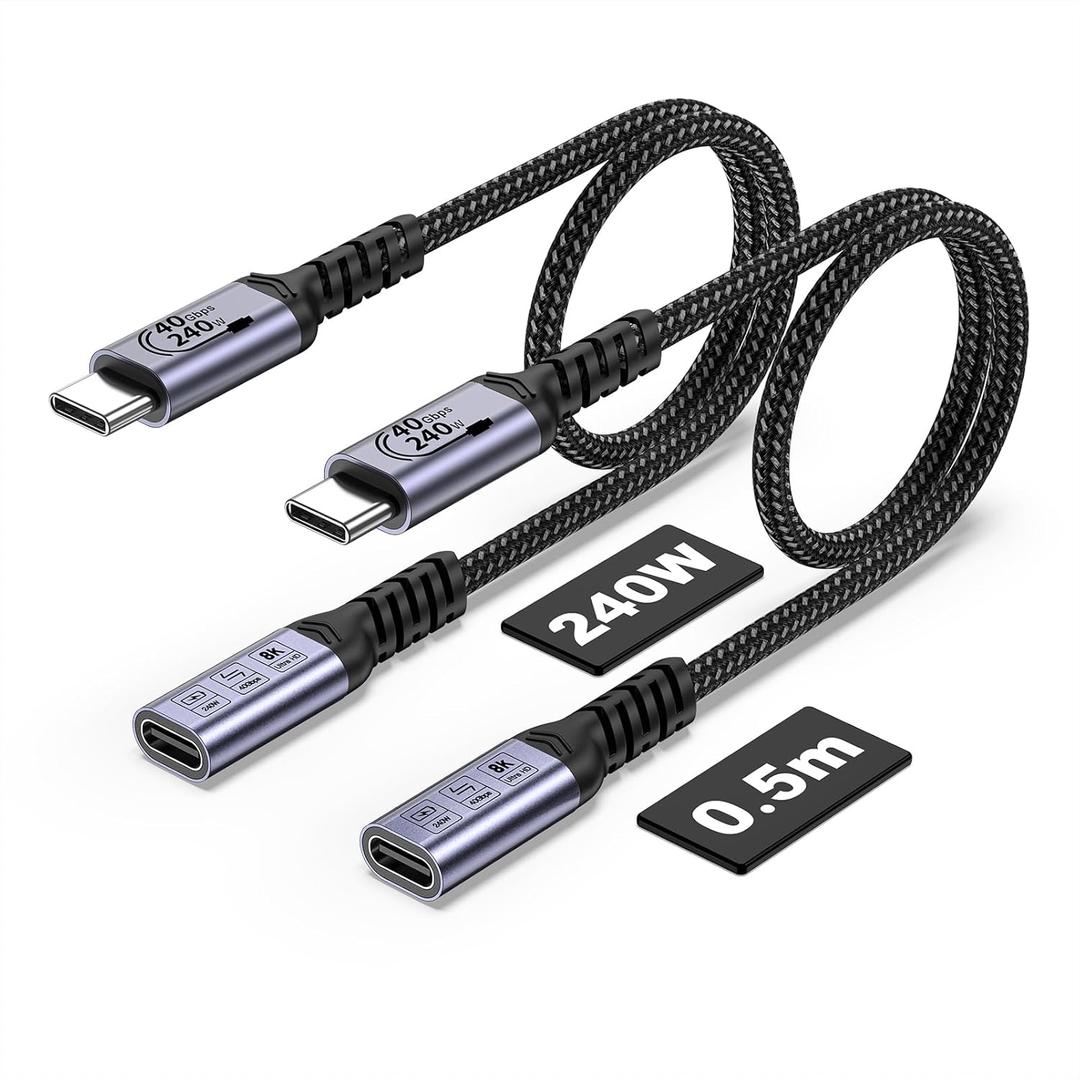 USB C Extension Cable 1.5FT (2 packs/240W/40Gbps/8K), Short USB 4.0 Extender Cable, 40Gbps High Speed Data Transfer Male to Female, 8K Video Display Compatible for MacBook Air M2 Pro/iPad/Magsafe/Hub