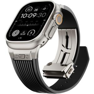 Watch Band for Apple Watch Ultra 2 Band 49mm 46mm 45mm 44mm, Men Luxury Rugged Silicone Rubber Strap with Metal Connector & Folding Clasp for iWatch Series 10 9 8 7 6 5 4 3 2 1 SE (Black)