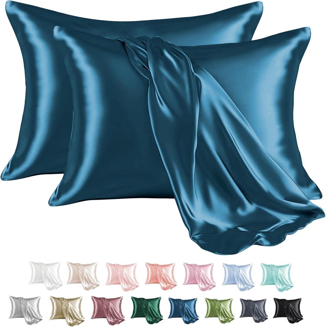 MR&HM Satin Pillowcase for Hair and Skin, Silk Satin Pillowcase 2 Pack, King Size Pillow Cases Set of 2, Silky Pillow Cover with Envelope Closure (20x40, Teal)