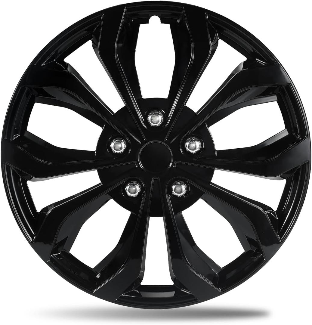 17 Inch Gloss Black Universal Wheel Covers Hubcaps for Steel Wheels, Set of 4, Adjustable Snap-On Design for Most Sedans, SUVs, Trucks & Vans, Tool-Free Install