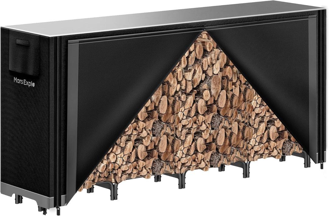 8ft Firewood Rack Outdoor with Cover, Heavy Duty Wood Racks Outdoor for Firewood, Indoor Firewood Storage Log Rack with Cover Wood Holder Set Black