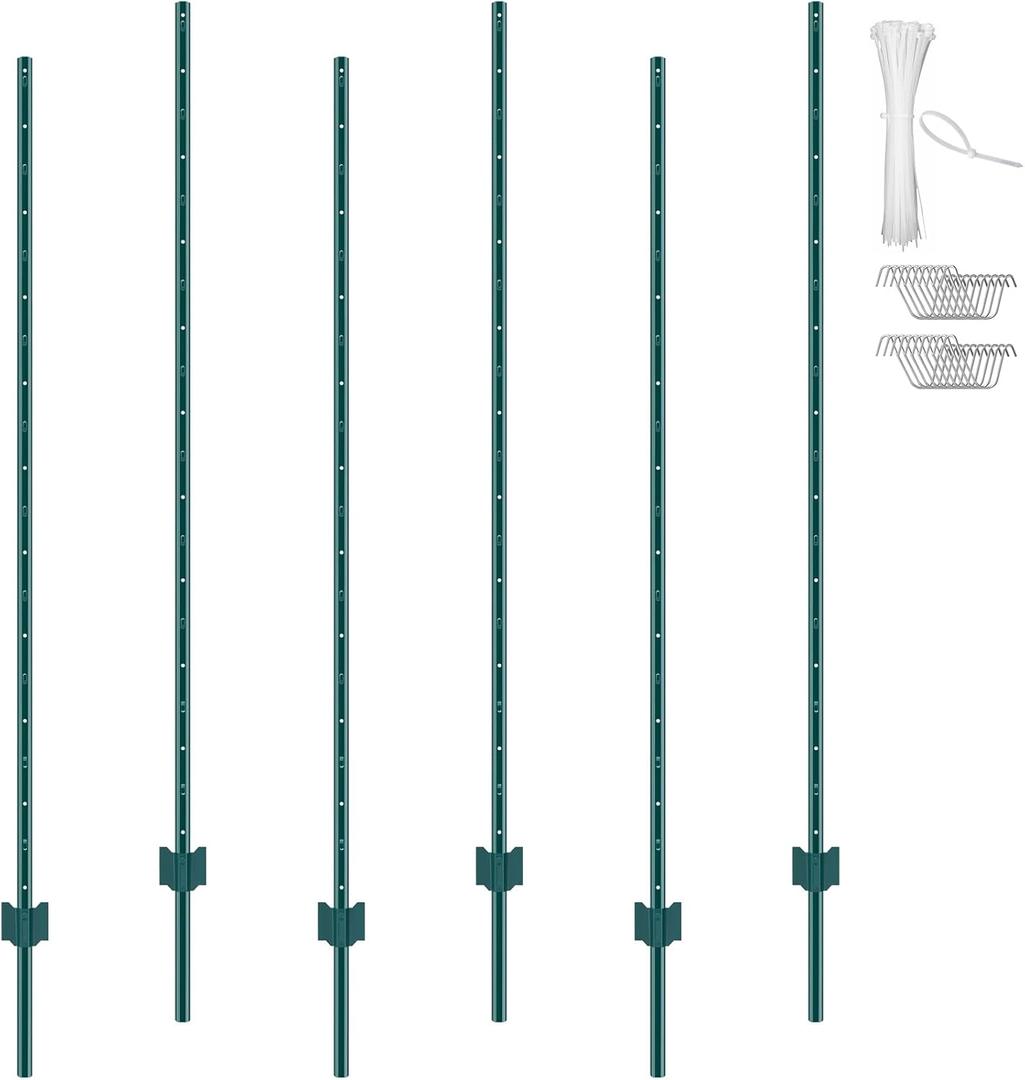 VEVOR 6 Feet U-Channel Metal Fence Post, 6 Pack With 24 Zip Ties & 12 Clips, Sturdy Steel Stakes for Garden Yard, Lawn, Farms and Outdoor Wire Fencing, Green
